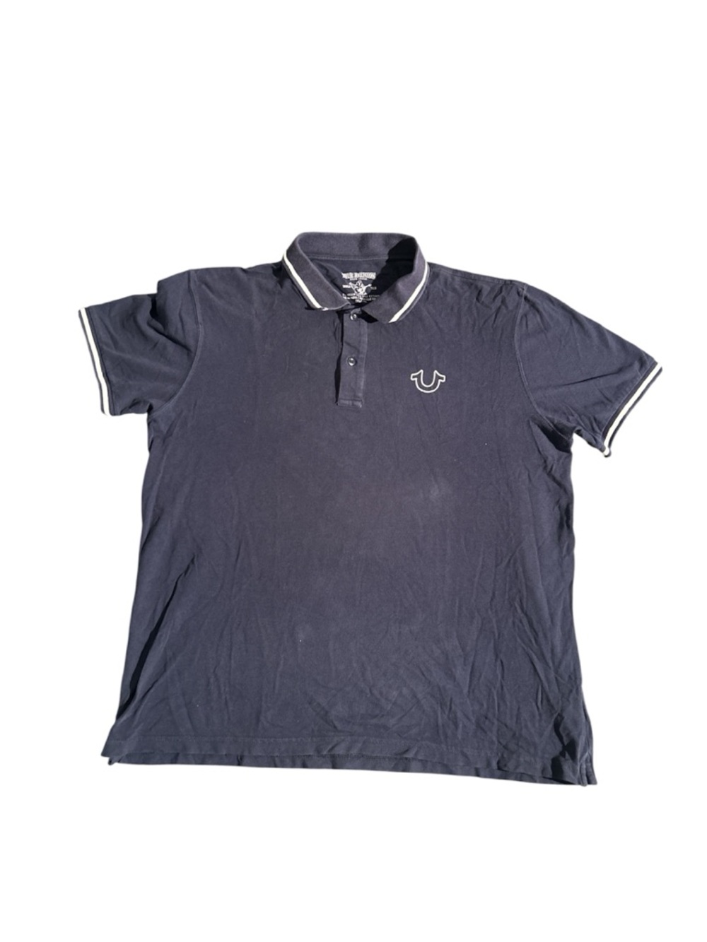 True Religion Men’s Navy Polo with White Trim Back Graphics Size 2XL